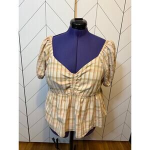 BP Women’s Plus 1X Brown Pink Plaid Puff Sleeve Peplum Top Cotttagecore Prairie